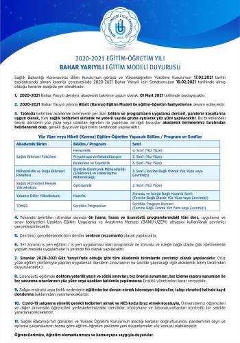2020-2021 Eğitim-Öğretim Yılı Bahar Yarıyılı Eğitim Modeli Duyurusu